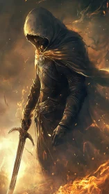 Hooded warrior stands in burning embers, sword lowered.