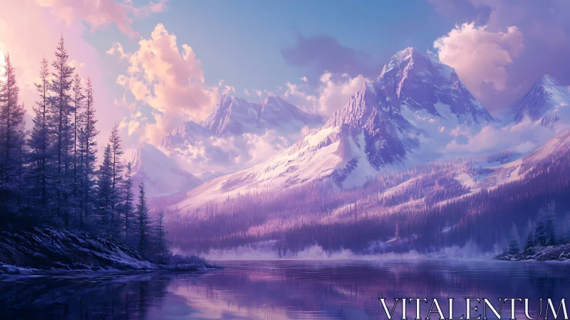 Iridescent alpine mountains rise above a glassy twilight lake