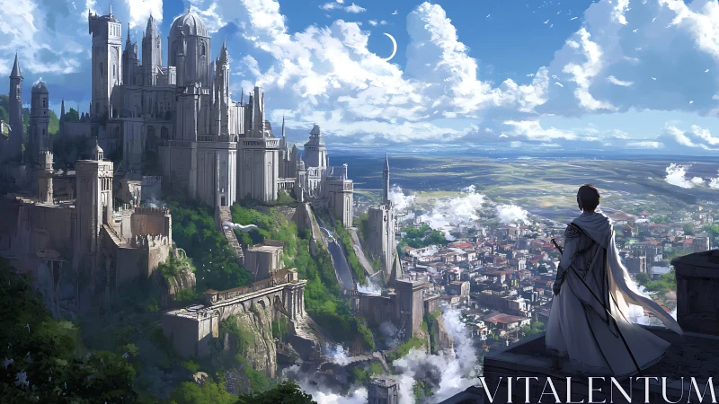 Elevated stone citadel overlooks sprawling valley metropolis at dawn