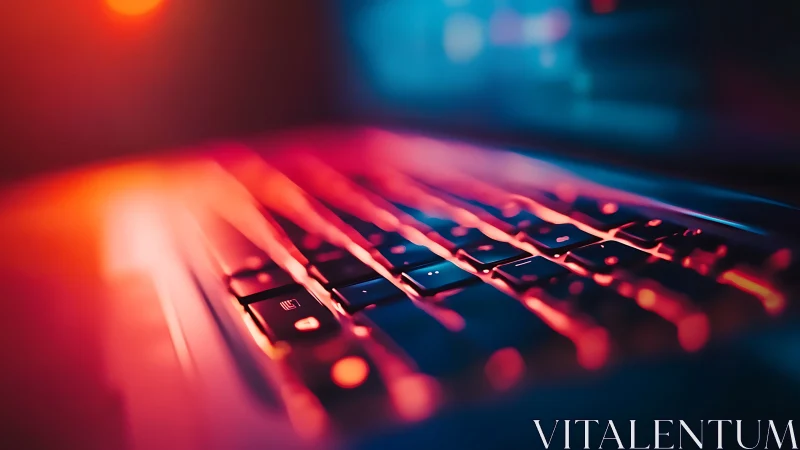 Low-angle laptop keyboard under contrasting neon red and blue bokeh