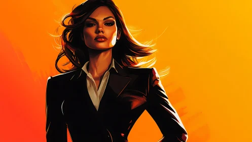 Confident businesswoman in suit, digital art with bold orange tones.