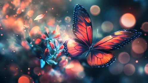 Orange butterfly over bokeh-lit foliage at dusk.