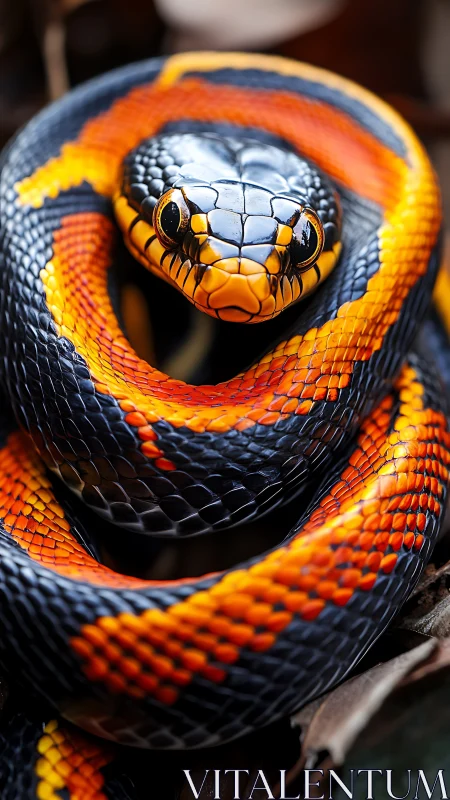 Close view of coiled black snake with orange markings.