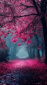 Infrared-toned forest path with magenta canopy and foggy depth