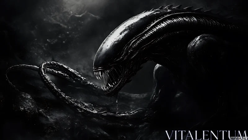 Alien creature profile in dark atmospheric digital scene.