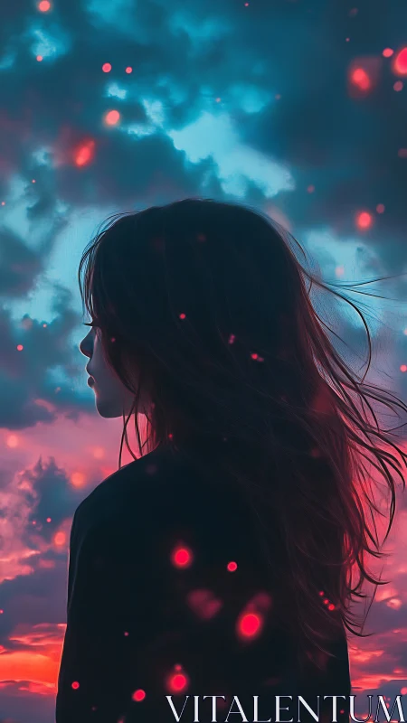 Twilight dreamer outlined in neon embers beneath stormy skies.