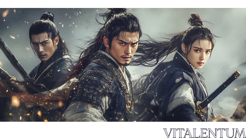 Triangular formation of wuxia swordsmen in dynamic storm-lit clash