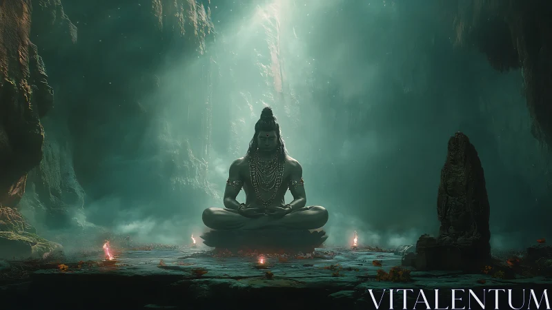 Meditating deity in luminous cavern with sacred stone shrine.