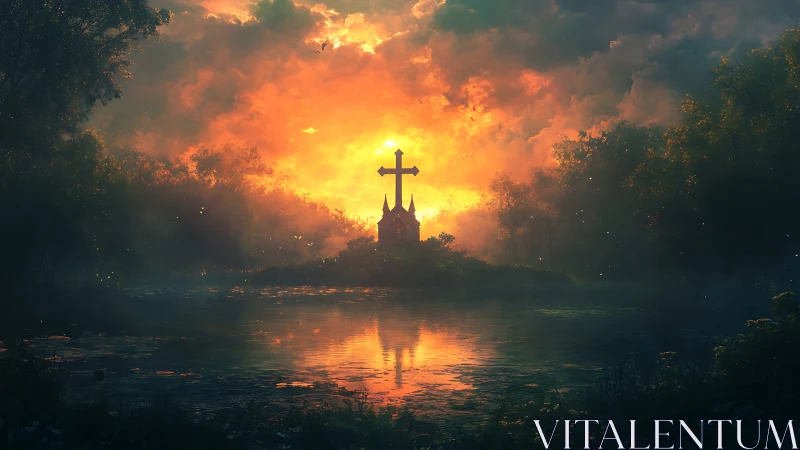 Rural chapel silhouette at sunset across reflective lake.