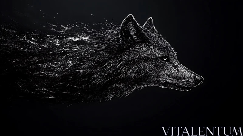 Silver-threaded wolf dissolves into swirling night currents