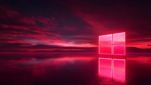 Neon window grid glows over reflective crimson seascape.