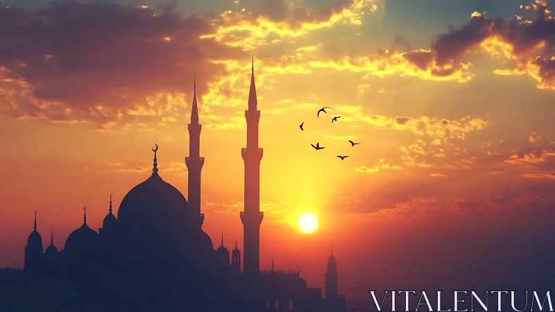 Mosque silhouette with minarets under vivid sunset sky.
