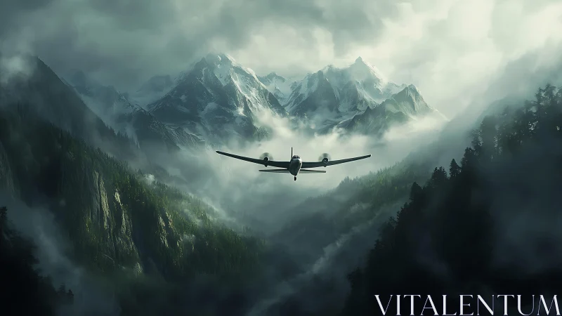 Plane entering misty alpine valley below sharp snowy peaks.