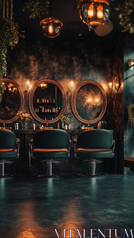 Modern salon interior shows three styling stations at night