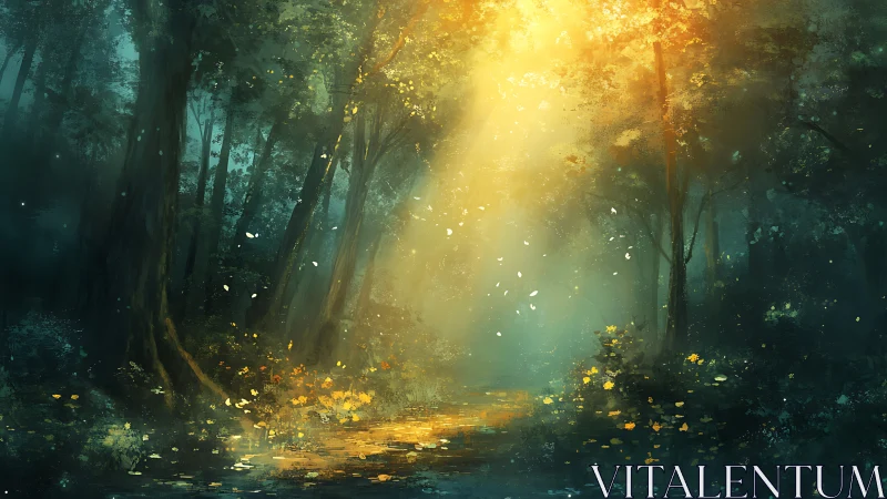 Luminous forest glade digital painting with atmospheric depth.