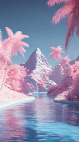 Pink tropical river valley with snowy mountain peak center.