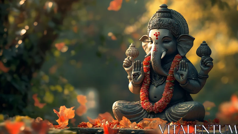 Ganesha statue glows amid autumn leaves and soft bokeh light.