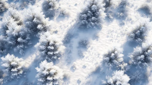 Snow-covered treetops in soft aerial winter illumination.