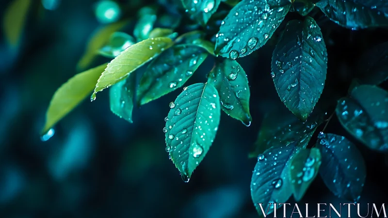 Rain-kissed green leaves glow softly in cool evening light