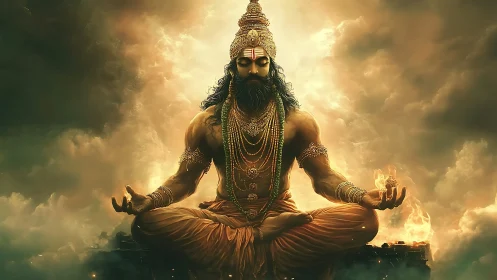 Divine warrior yogi levitates in dramatic golden atmosphere