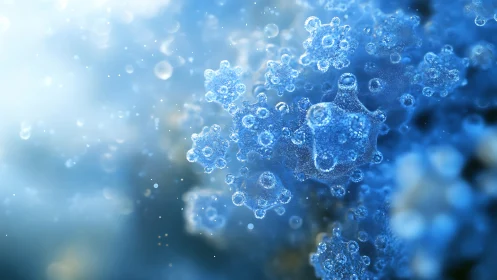 Microscopic blue viral structures rendered in luminous 3D space
