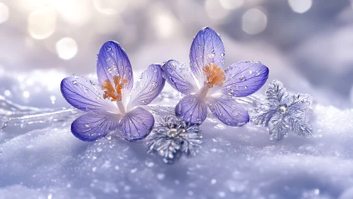 Winter's Purple Treasures: Frost-Kissed Crocuses in Crystalline Snow