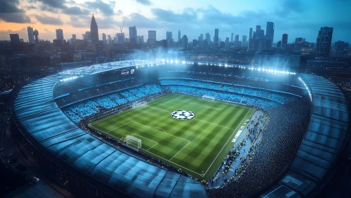 Night match panorama in illuminated modern football stadium.