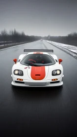 White race car powers through a wet winter highway