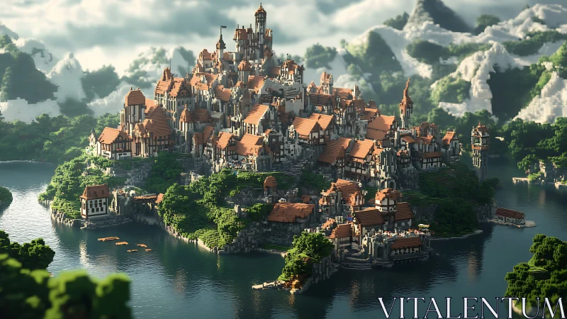 Fantasy floating castle amid emerald landscape digital render.