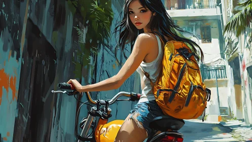 Young cyclist pauses in urban alleyway environment