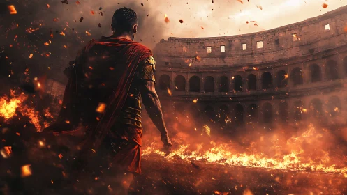 Blazing arena frames a lone Roman warrior in fierce resolve