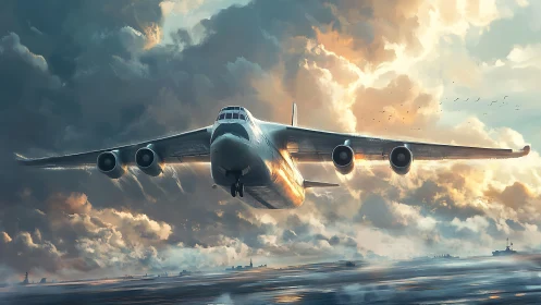 Massive cargo plane flying low over stormy ocean waters.