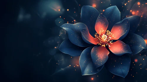Luminescent flower blooms with fiery center and cosmic petals.