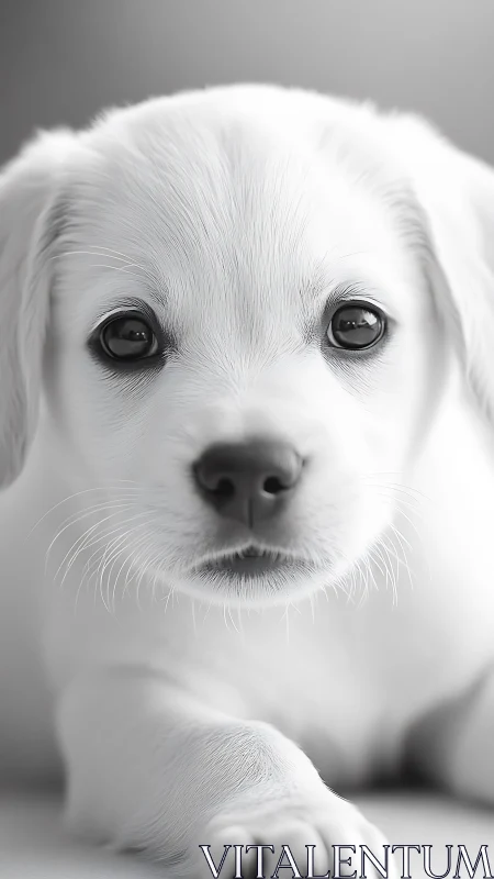 Close view of light-colored puppy in monochrome portrait.