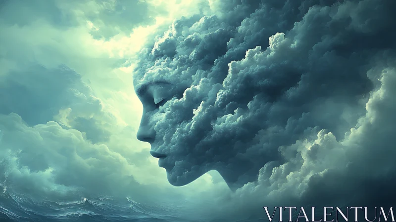 Serene female profile emerges softly from stormy clouds