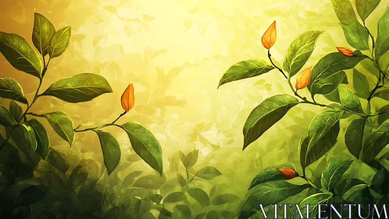 Golden morning light bathes tender green leaves and buds.