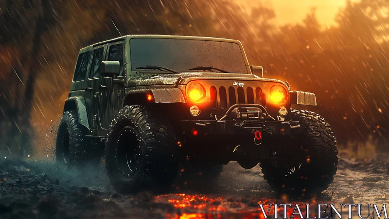 Off-road Jeep renders dynamic wet-surface traction under rainfall