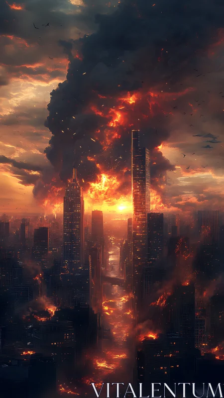 Apocalyptic skyline engulfed in vertical inferno and sunset flare