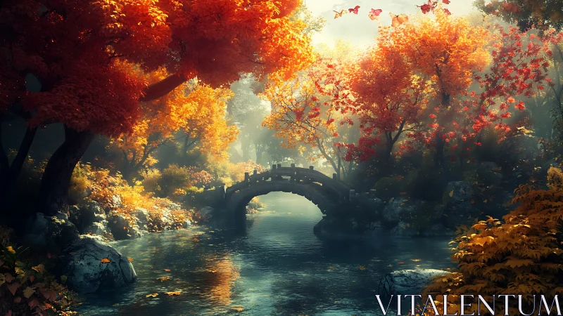 Stone bridge over river in vivid autumn forest scene.