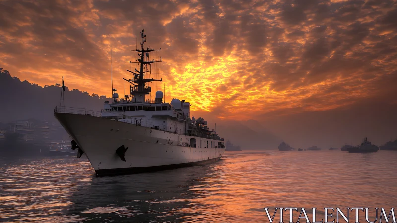 Naval surveillance vessel advances under dense incendiary sunset