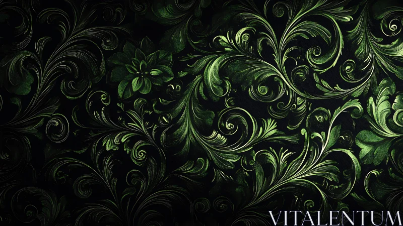 Green floral scrollwork fills dark seamless decorative panel