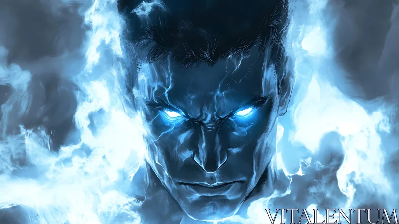 Intense blue energy figure with glowing eyes in smoke.