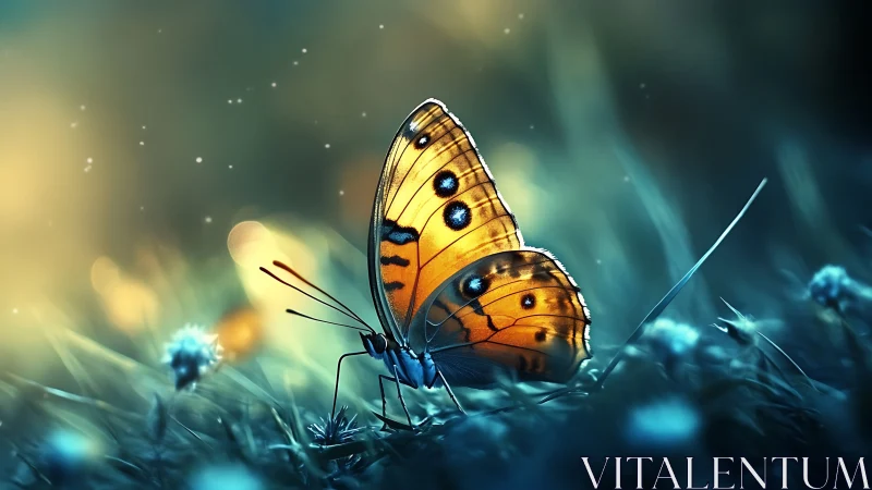 Golden butterfly resting in dreamy twilight meadow glow.