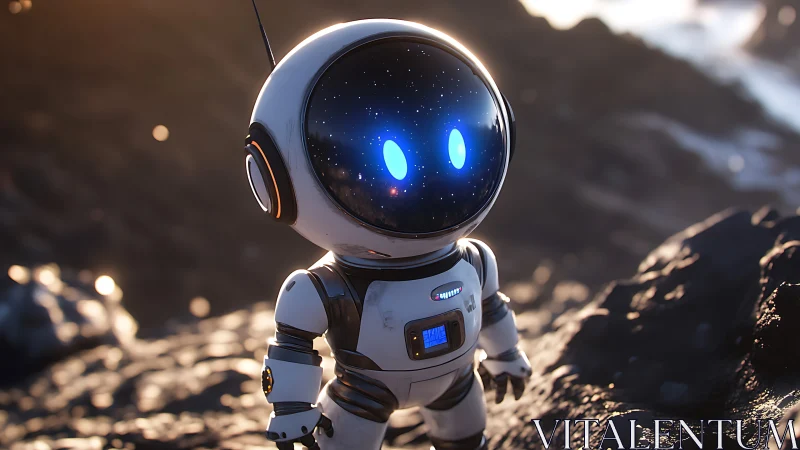 Small humanoid robot stands on rocky terrain in soft light