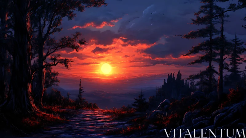 Sunlit forest trail meeting a glowing crimson horizon.