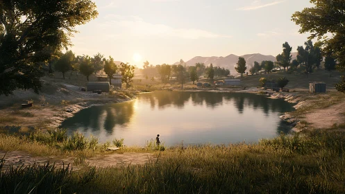 Sunlit rural lake with lone figure by grassy shoreline.