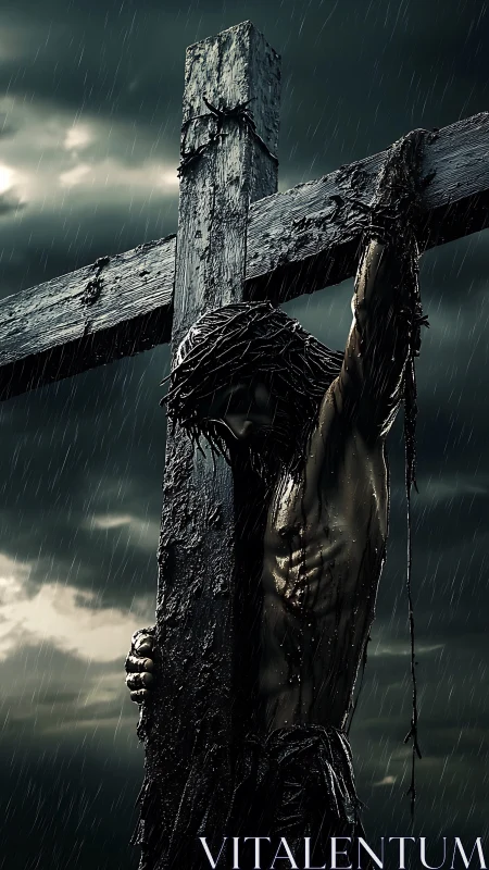 Crucified figure hangs on a weathered cross in driving rain