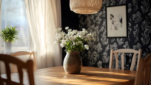 Sunlit dining table with white flowers in ceramic vase.