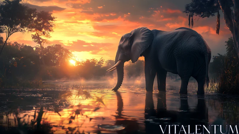 Elephant stepping through misted water at flaming sunset.