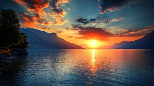 High-dynamic-range lake sunset with reflective specular light band